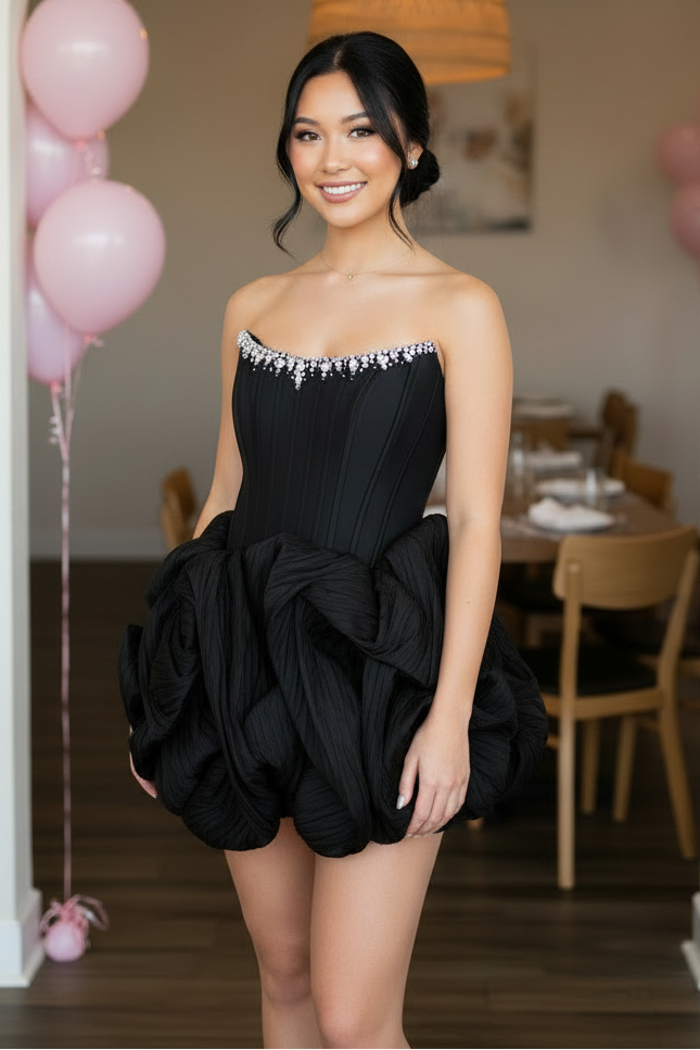 Strapless Crystal Embellished Corset Bubble Mini Dress