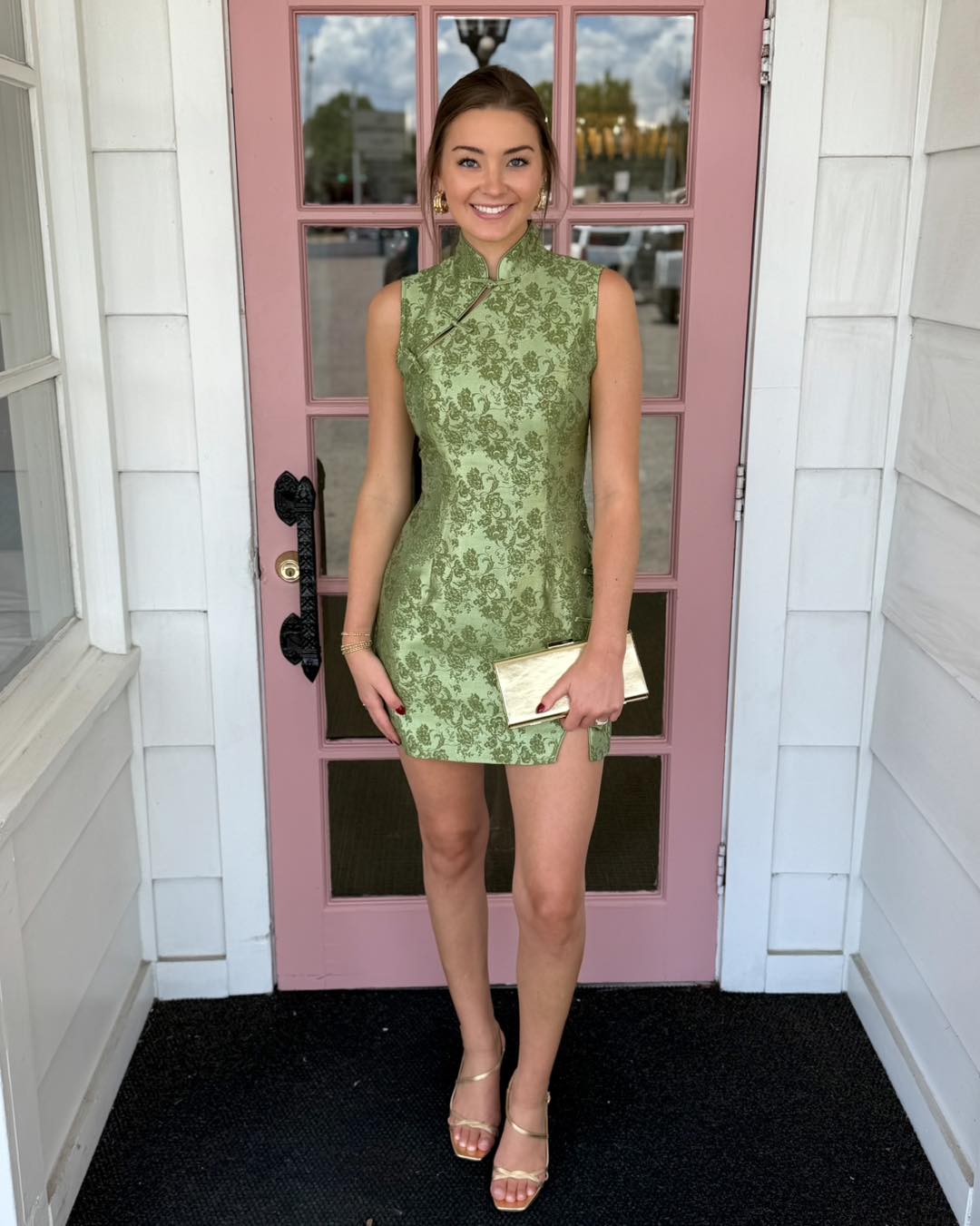Floral Jacquard Mandarin Collar Mini Dress