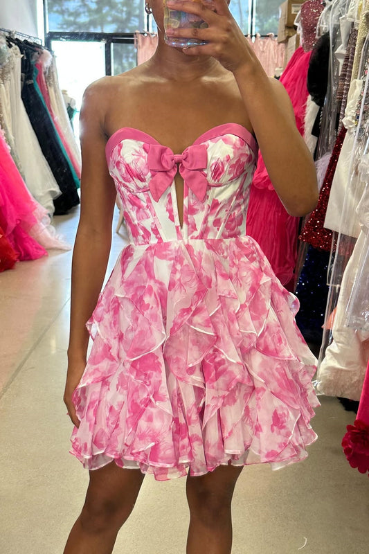 Floral Strapless Corset Tiered Ruffle Mini Dress
