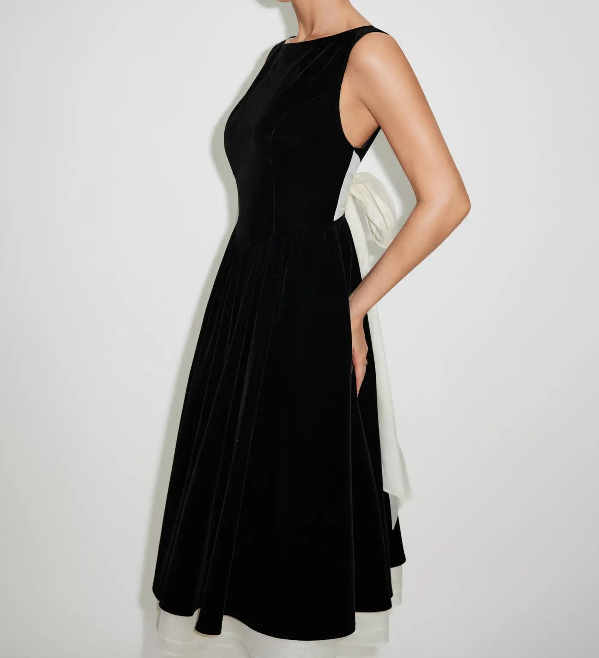 Velvet Bateau Midi Dress with Contrast Hem