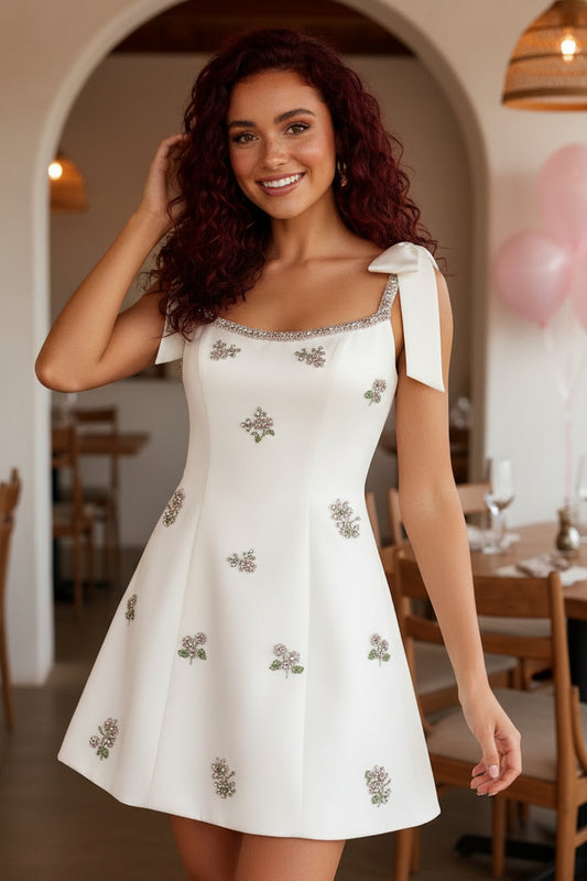 Beaded Floral A-Line Mini Dress with Bow Straps