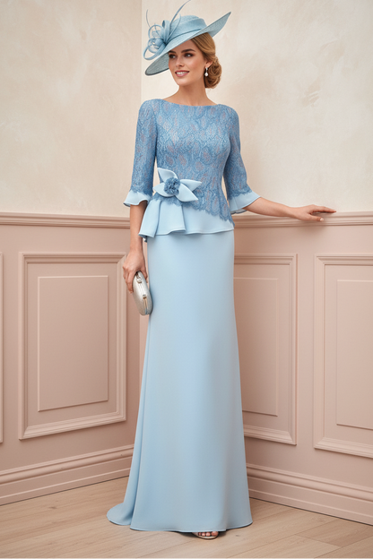 Lace Bodice 3/4 Sleeve Peplum Evening Gown