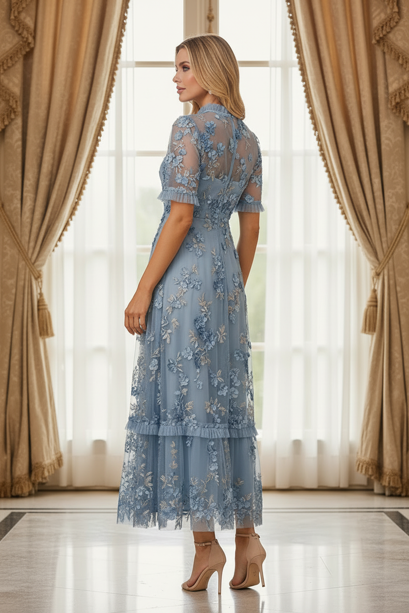 3D Floral Embroidered High-Neck Midi Dress