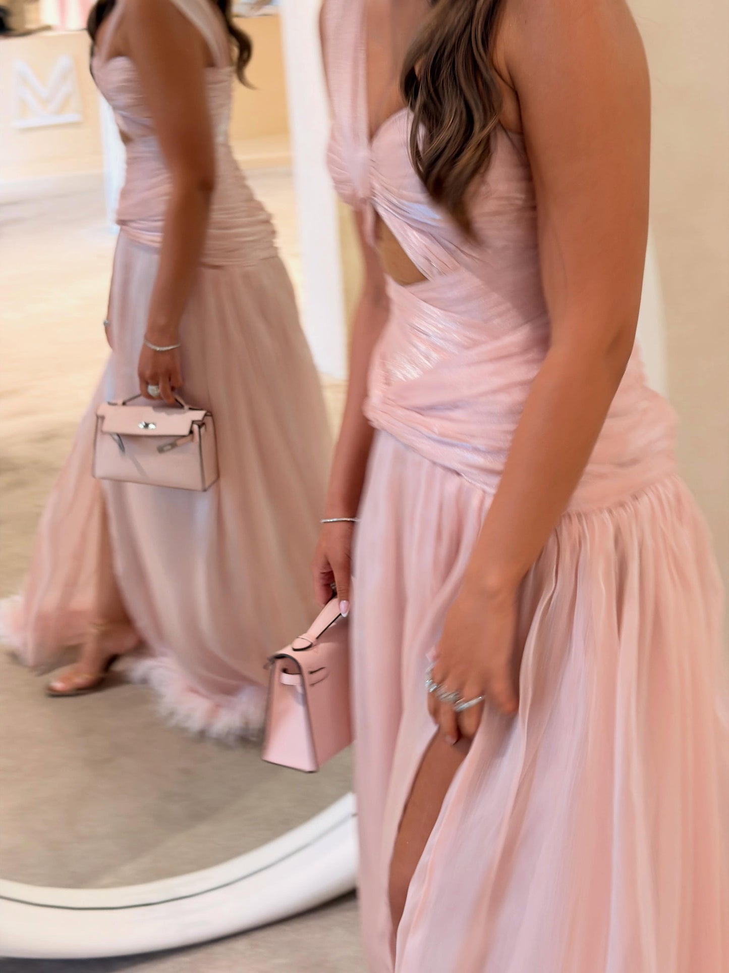 One-Shoulder Cutout Evening Gown with Feather Hem