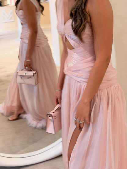 One-Shoulder Cutout Evening Gown with Feather Hem