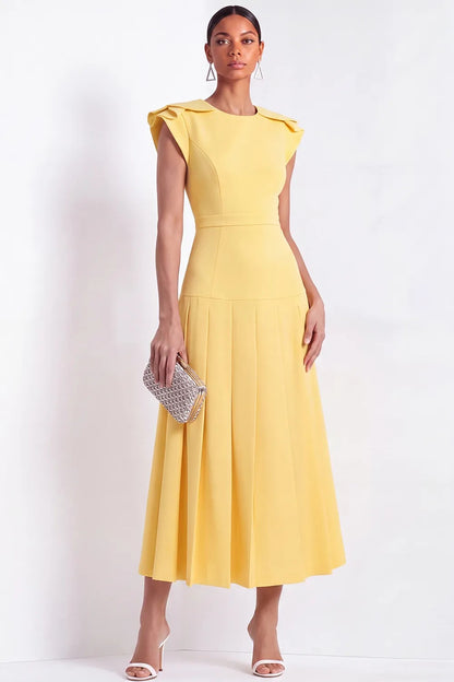 Pleated Midi Dress with Layered Cap Sleeves