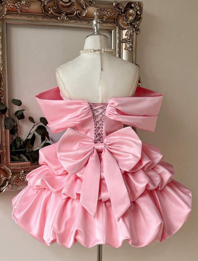 Off-Shoulder Satin Mini Ball Gown with Bows