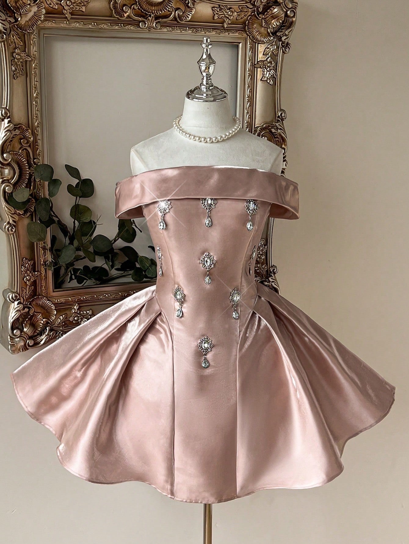 Off-the-Shoulder Satin Mini Dress with Crystals