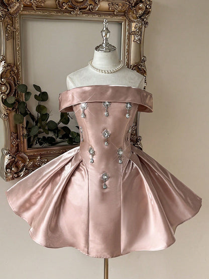 Off-the-Shoulder Satin Mini Dress with Crystals