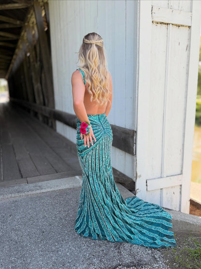 Open Back Sequined Mermaid Evening Gown with Slit