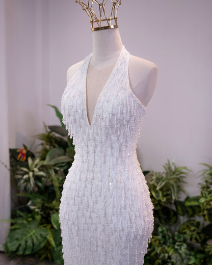 Beaded Halter Deep V Mermaid Evening Gown with Slit