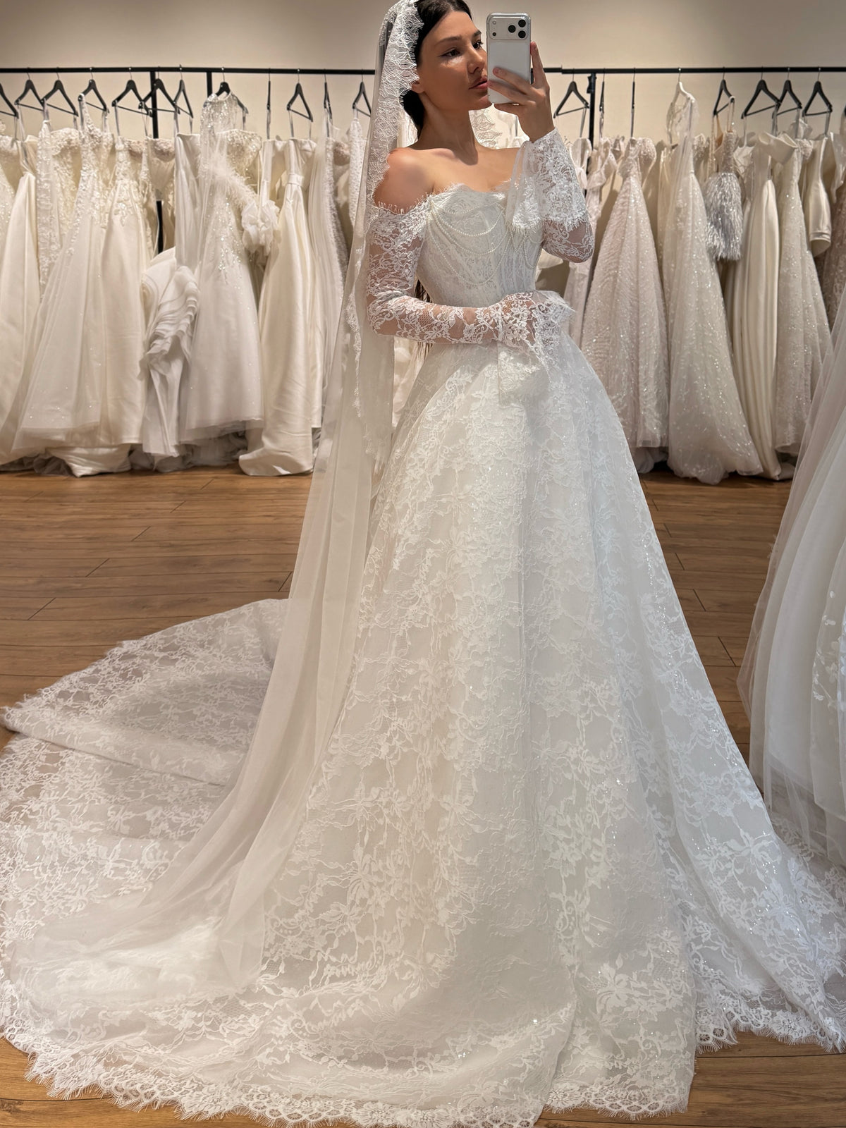 Off-the-Shoulder Lace Ball Gown Wedding Dress