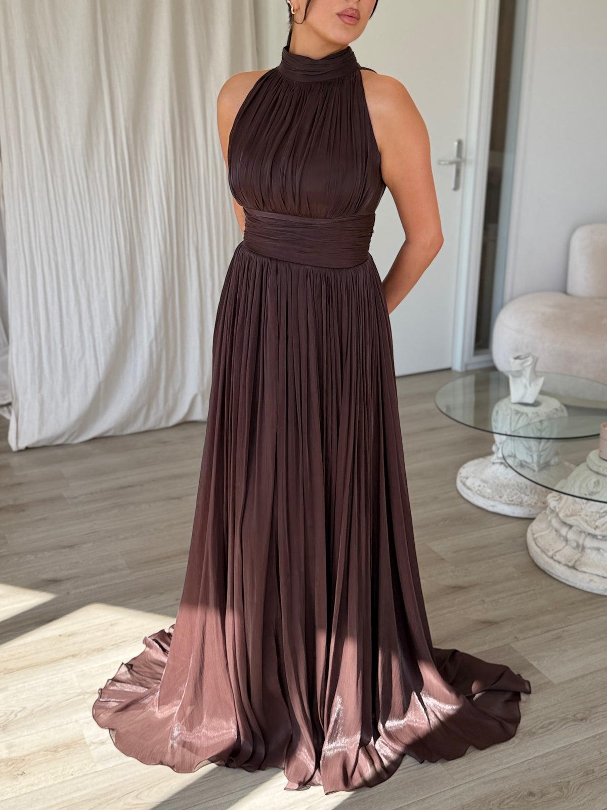 Pleated High-Neck Sleeveless A-Line Gown
