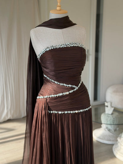 Ruched Column Gown with Draped Cape and Crystal Trim