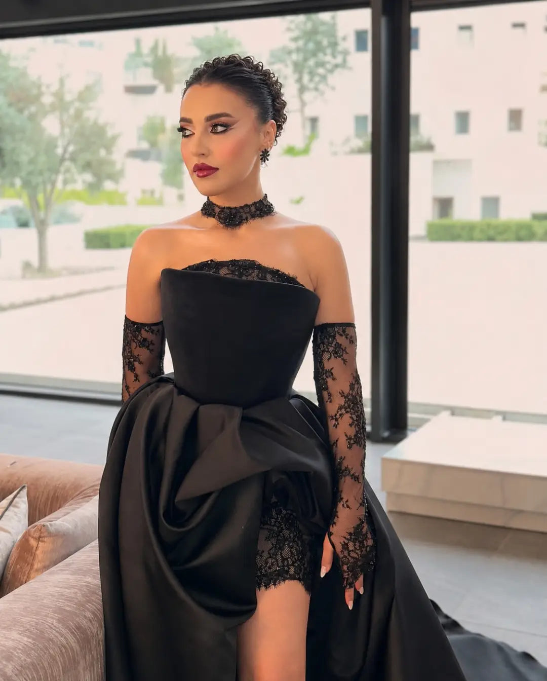 Strapless Satin High-Low Evening Dress with Lace Details