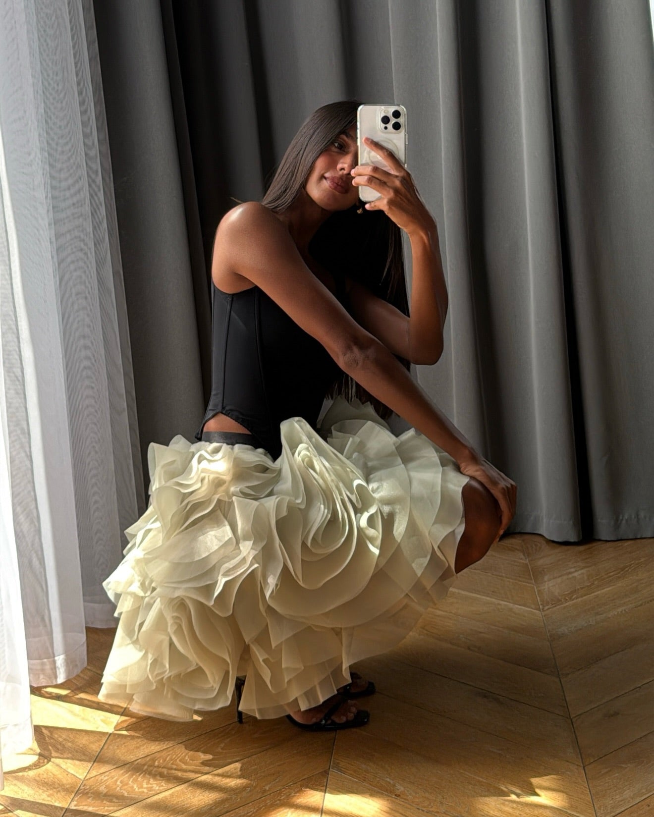Corset Bodice Mini Dress with 3D Rose Ruffle Skirt