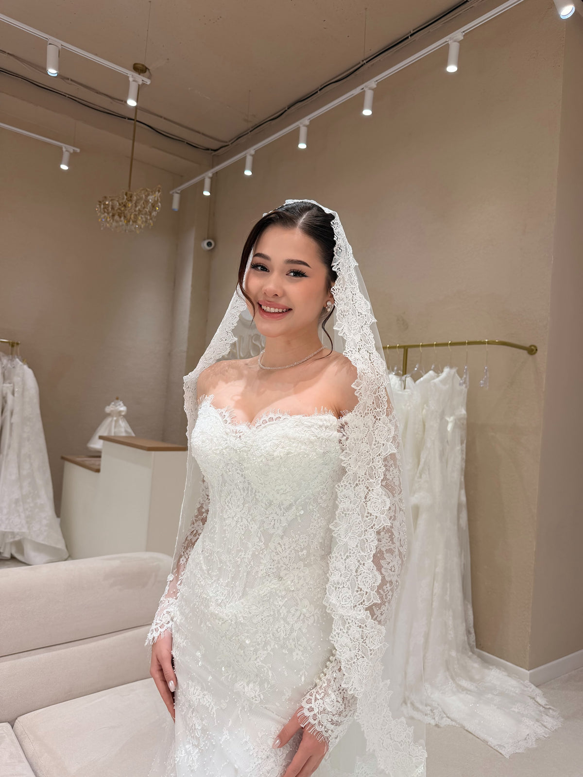 Off-the-Shoulder Lace Wedding Dress with Overskirt