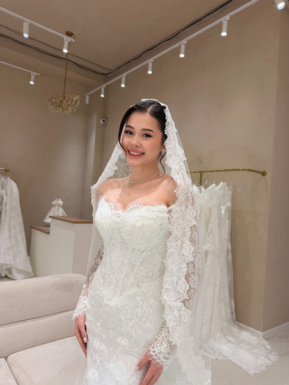 Off-the-Shoulder Lace Wedding Dress with Overskirt