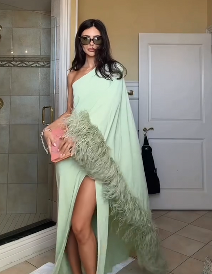 One-Shoulder Maxi Dress with Feather Trim & Slit