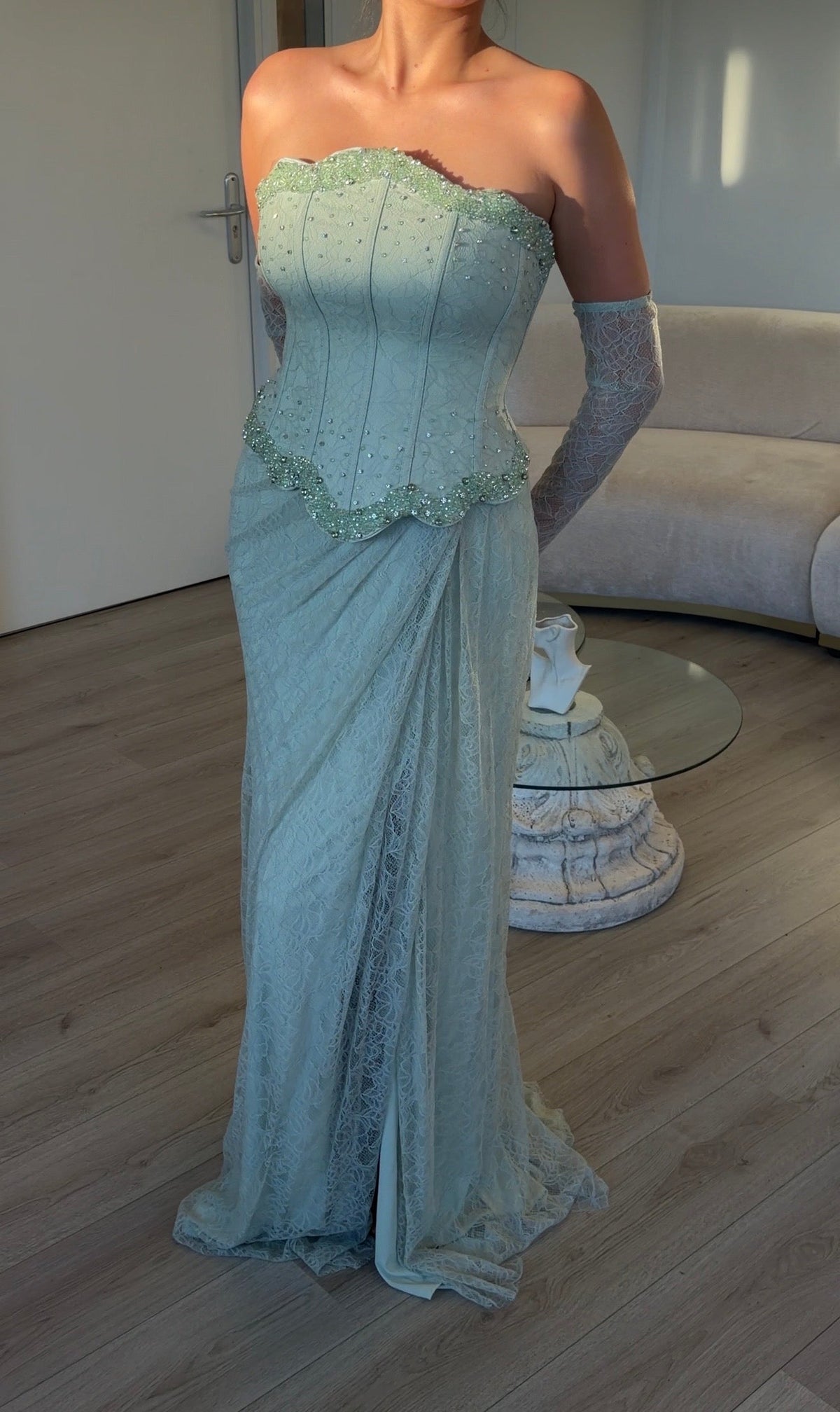 Strapless Beaded Corset Lace Evening Gown with Gloves