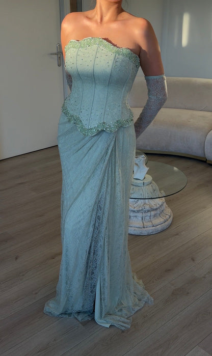 Strapless Beaded Corset Lace Evening Gown with Gloves