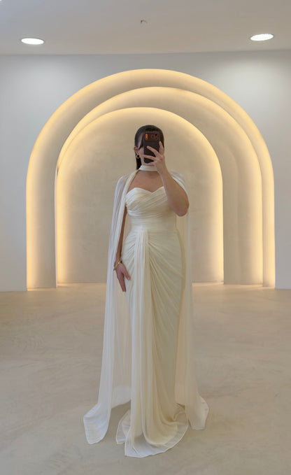 Strapless Ruched Evening Gown with Dramatic Cape
