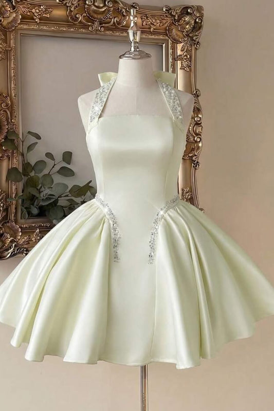 Beaded Halter Satin Princess Mini Dress