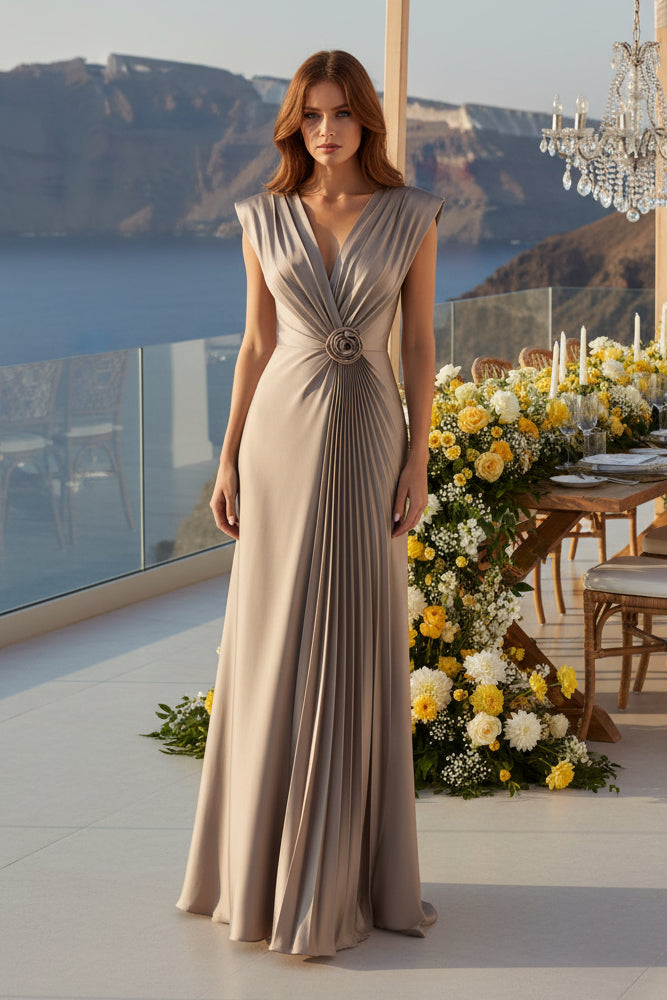 Pleated Rosette Detail V-Neck Maxi Gown