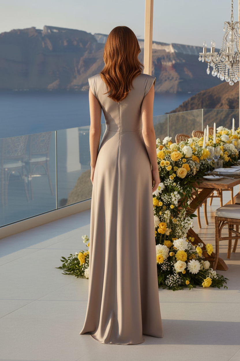 Pleated Rosette Detail V-Neck Maxi Gown