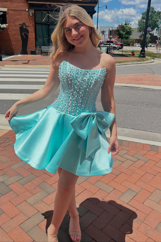 Strapless Pearl-Beaded Corset Mini Dress with Bow