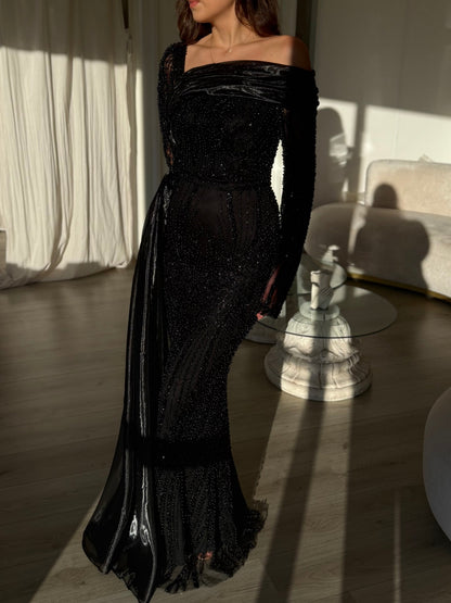 Beaded Off-the-Shoulder Gown with Side Drape