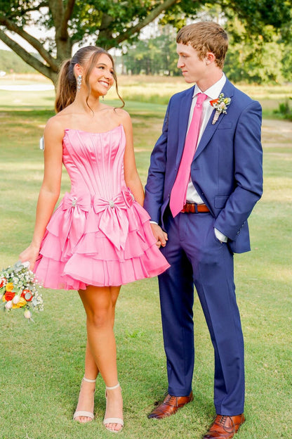 Strapless Corset Satin Mini Dress with Bows