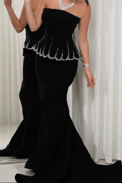 Strapless Crystal Peplum Mermaid Gown