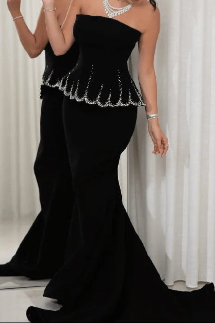 Strapless Crystal Peplum Mermaid Gown