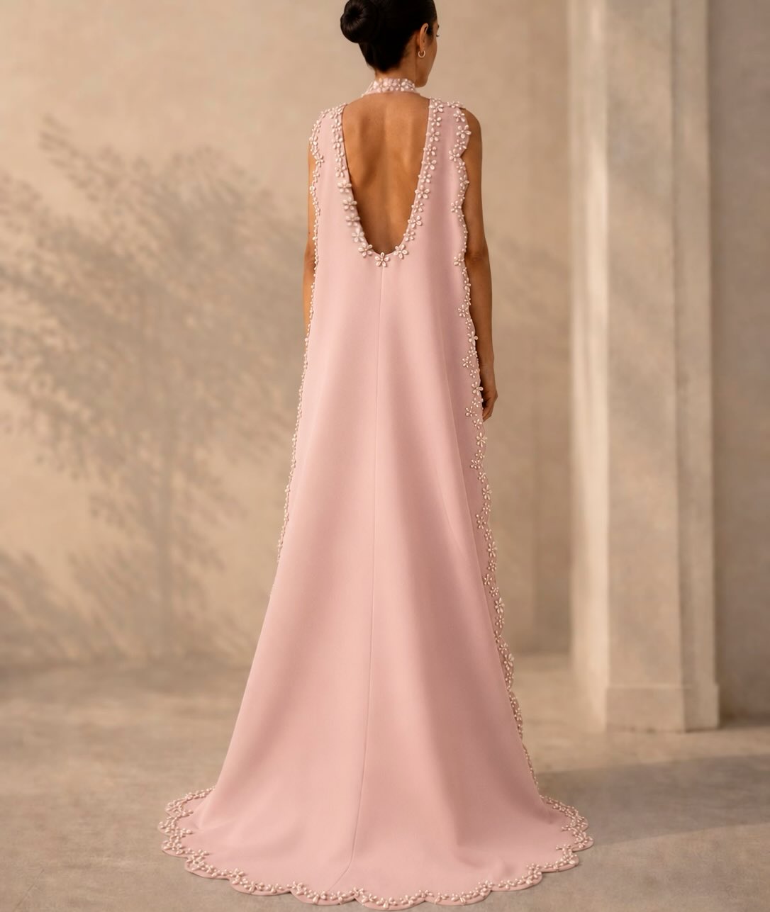 High Neck Column Dress with Floral Cape Back