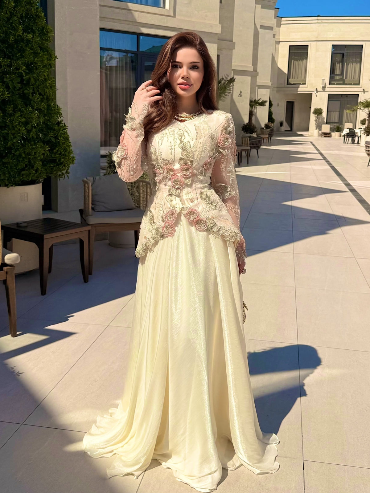 Floral Applique Peplum Gown with Long Sleeves