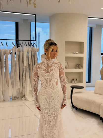Lace High Neck Wedding Dress with Train