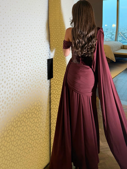 Asymmetrical Sequin Corset Cape Evening Gown