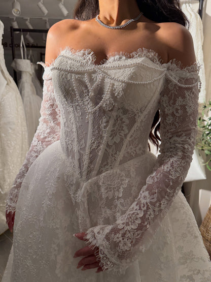 Off-Shoulder Lace Long Sleeve Wedding Dress with Train