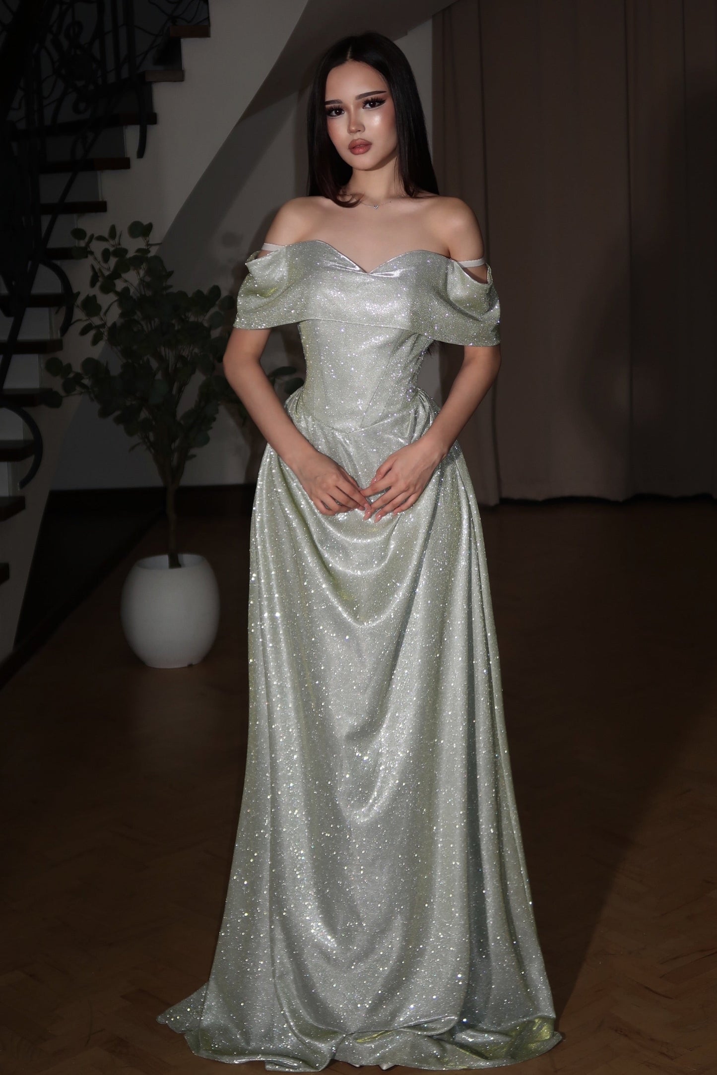 Off-The-Shoulder Corset Glitter Evening Gown