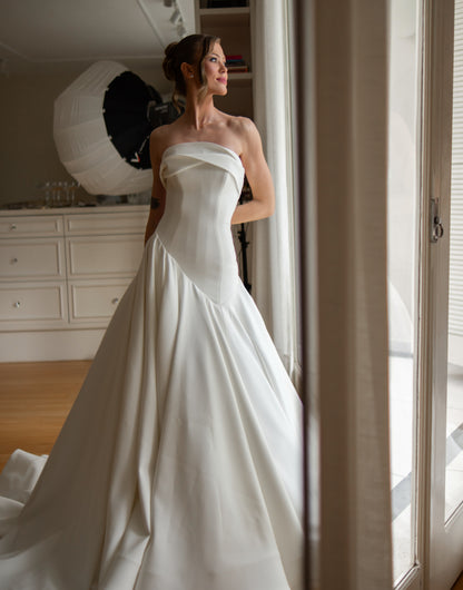 Strapless Drop Waist Satin Ball Gown Wedding Dress