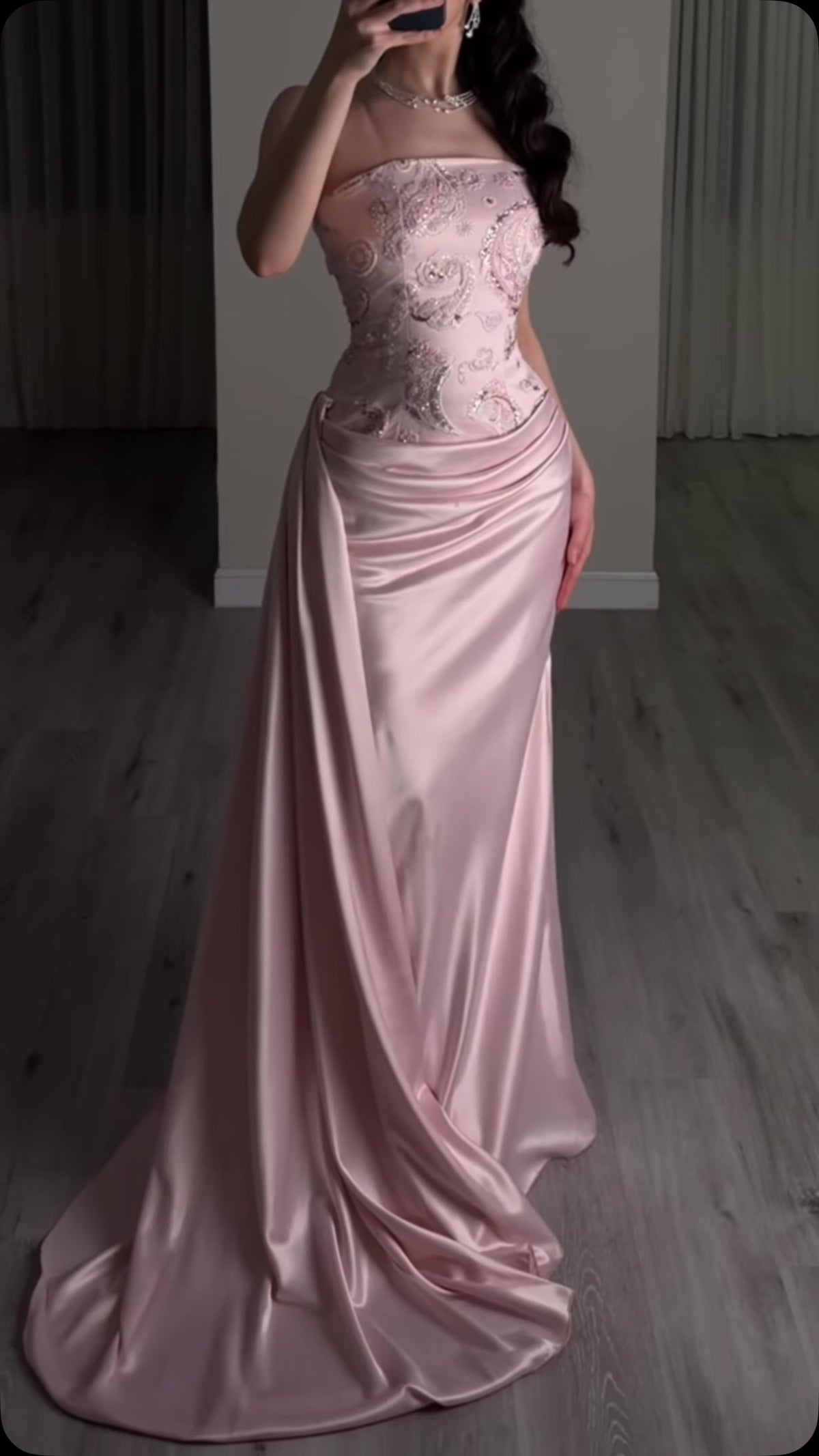Strapless Embroidered Bodice Draped Satin Gown