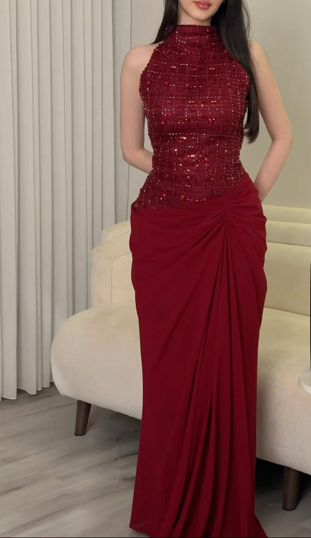 High Neck Beaded Sequin Bodice Draped Evening Gown