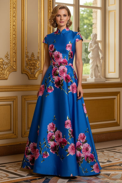 Floral Mandarin Collar A-Line Evening Gown