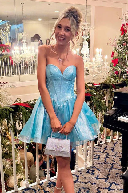 Strapless Corset Mini Dress with Shimmer Skirt