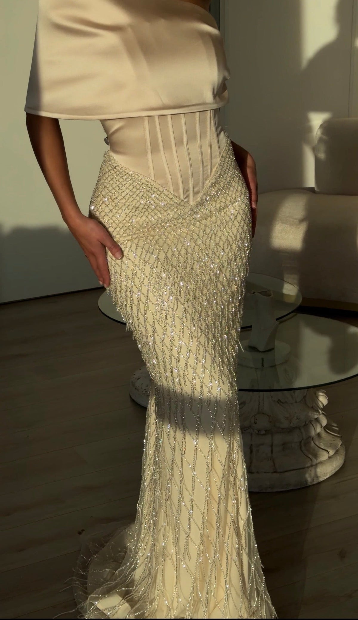 Corset Evening Gown with Beaded Fringe Skirt
