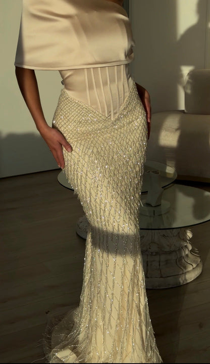 Corset Evening Gown with Beaded Fringe Skirt