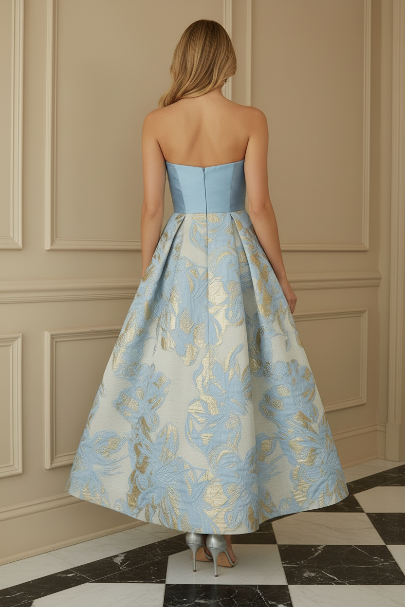 Strapless Metallic Jacquard Pleated A-Line Dress