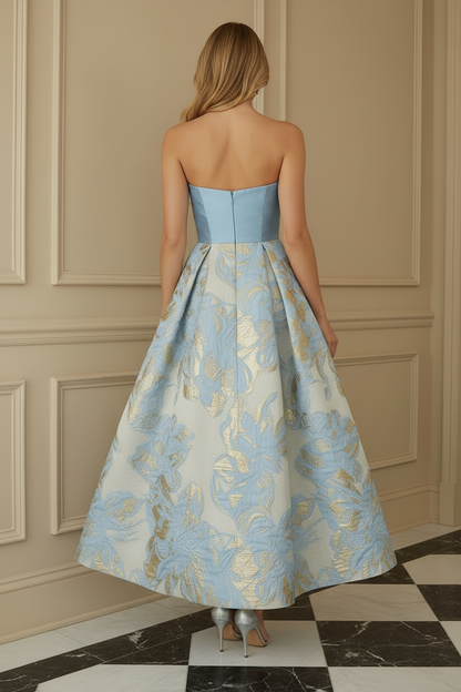 Strapless Metallic Jacquard Pleated A-Line Dress