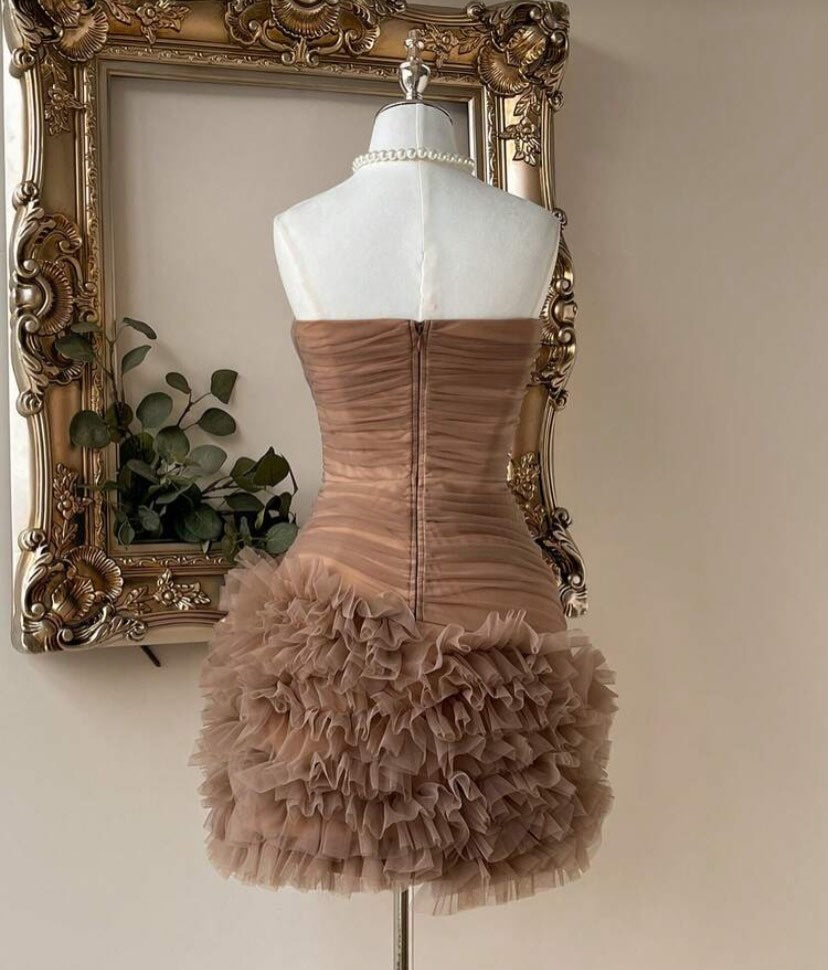 Strapless Ruched Tulle Mini Dress with Ruffled Skirt